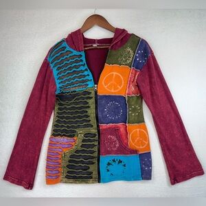 VINTAGE Women's Patchwork Hood Jacket Boho RARE Top‎ Burgundy Long Sleeve Medium